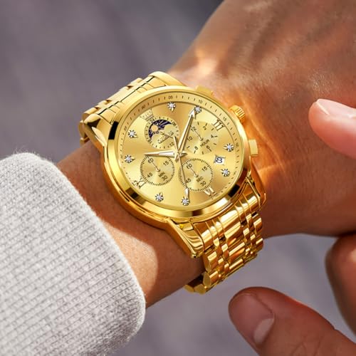 OLEVS Watch for Men Diamond Business Dress Analog Quartz Stainless Steel Waterproof Luminous Date Two Tone Luxury Casual Wrist Watch Blue, gold watches 3655, men watch