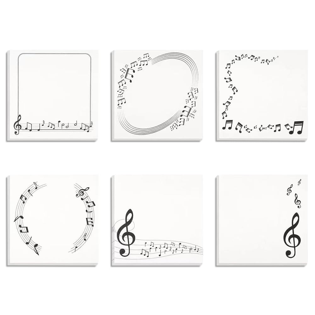 6 Pack Music Themed Sticky Notes - Black & White Musical Notes Self-Stick Memo Pads for Kids, Students & Office