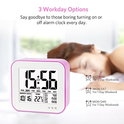 Tsumbay Digital Alarm Clock, USB Rechargeable 3 Separate Alarm Digital Clock Backlight Large Screen Display Temperature Calender Ideal for Home Office - Pink - Thumbnail 2