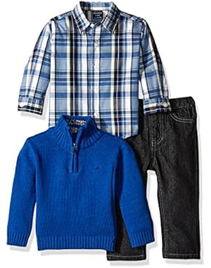 Nautica Baby Three Piece Set with Woven, Quarter Zip Sweater, Denim Jean, Medium Blue