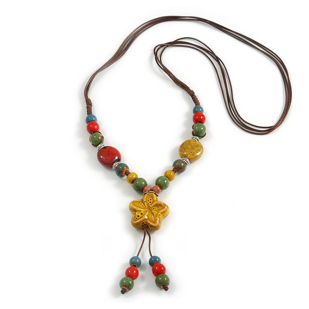 Avalaya Multicoloured Oval/Round Ceramic Bead Flower Tassel Necklace with Brown Silk Cord/ 70-80cmL/ Adjustable