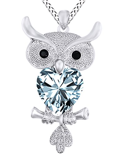 Heart Shape Aquamarine With Round Cut White & Black CZ Owl Pendant Necklace in 14k White Gold Over Sterling Silver