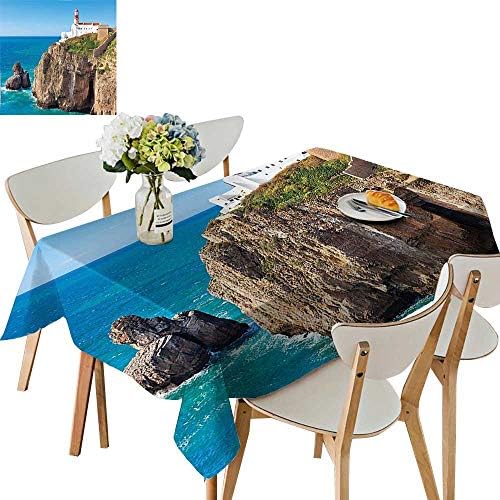 UHOO2018 Square/Rectangle Polyesters Tablecloth Daytime at Rocky Lighthouse Shore Seaside Rocks Building Cliff Sunny Day Clear Bright Wedding Party,52 x 70inch