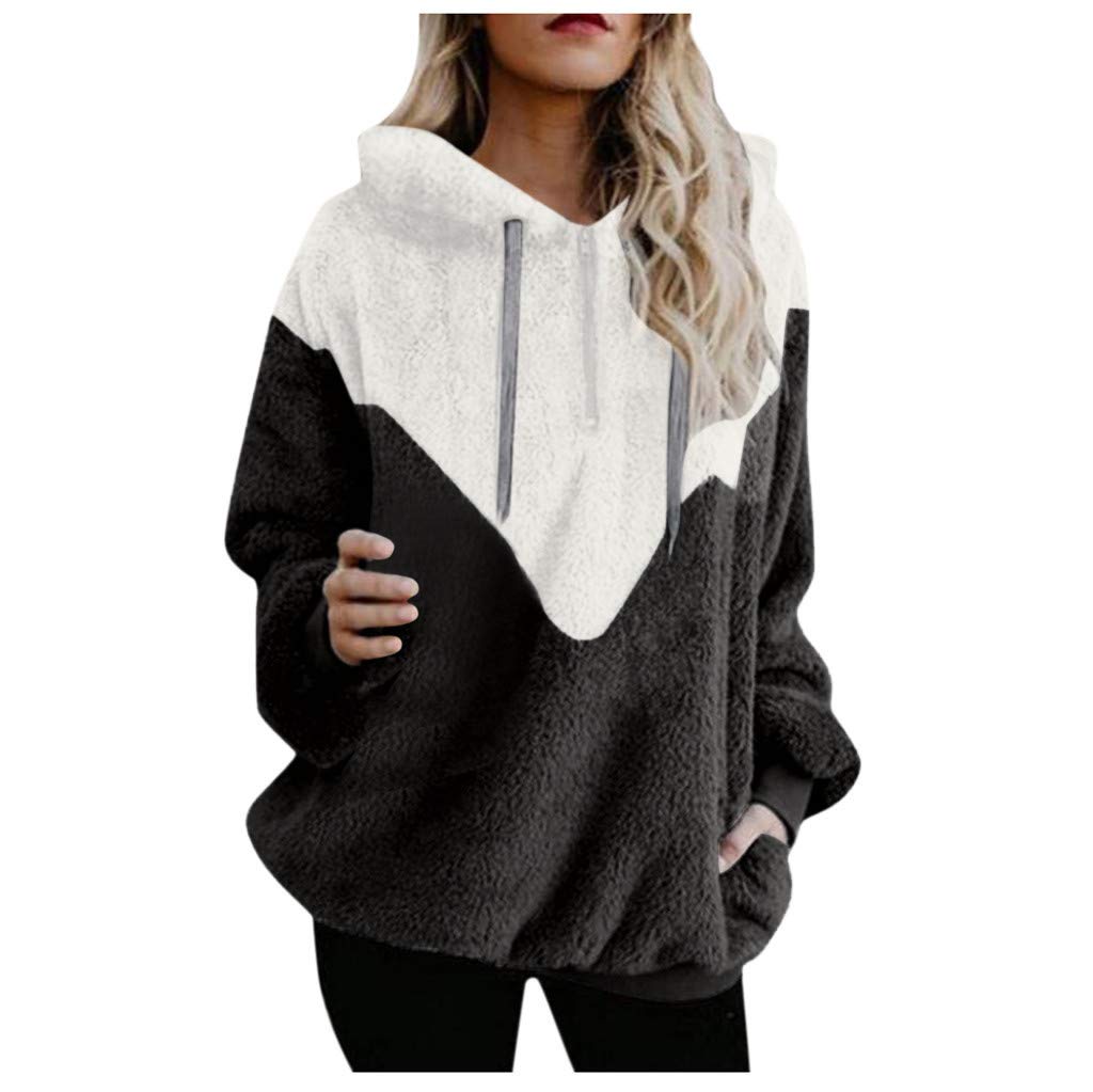 Kobay Women Hoodies Teddy Bear Hooded Drawstring Pullover Fuzzy