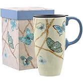 Topadorn Coffee Ceramic Mug Porcelain Latte Tea Cup With Lid 17oz,Novelty Coffee Mugs for Office & Home Blue