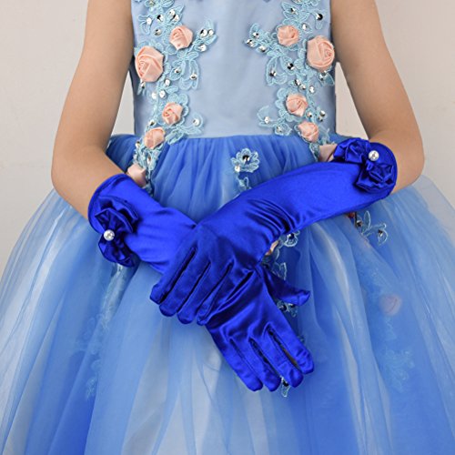 Greenmoe Girls Long Satin Finger Bowknot Formal Pageant Kids Gloves Royal Blue