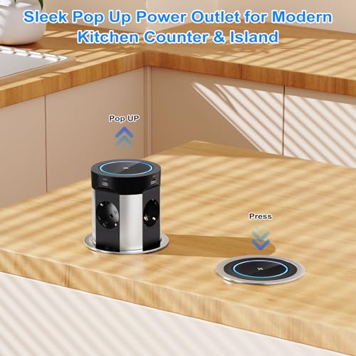 Built-in 9-in-1 Worktop Socket, 4-Outlet Retractable Power Strip 2 USB-C PD 75W Total, Qi Wireless Charging 15W, Pressure Open, Cable 1.8 m, Ø100 mm, Black