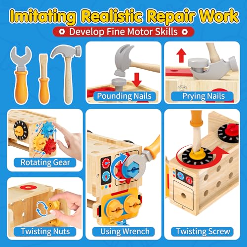 Lehoo Castle Wooden Tool Box for Children from 2 Years, Montessori Craft Toy, Workbench & Case 2-in-1, Fine Motor Skills Learning Toy for Boys and Girls 2-3 Years
