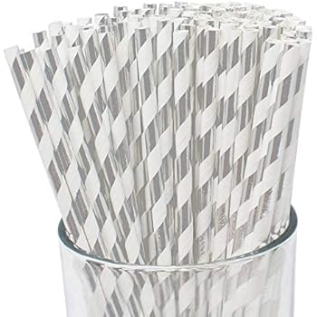 Just Artifacts 100pcs Premium Biodegradable Striped Paper Straws (Striped, Metallic Silver)