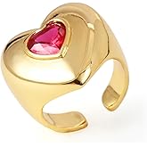 ORIGENCE Chunky Gold Rings for Women 14K Gold Plated Heart Statement Ring Non-Tarnish Open Gold Hammered Ring with Cubic Zirconia Stackable Love Gemstone Wave Jewelry Gift