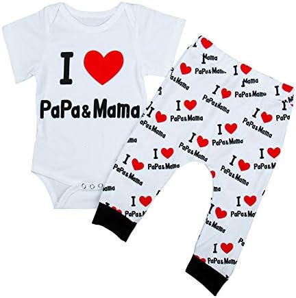 OUTGLE Newborn Baby Boy Girl I Love Papa&amp; Mama Onesies + Trousers Summer Clothes Unisex Baby Shower Gift Outfits