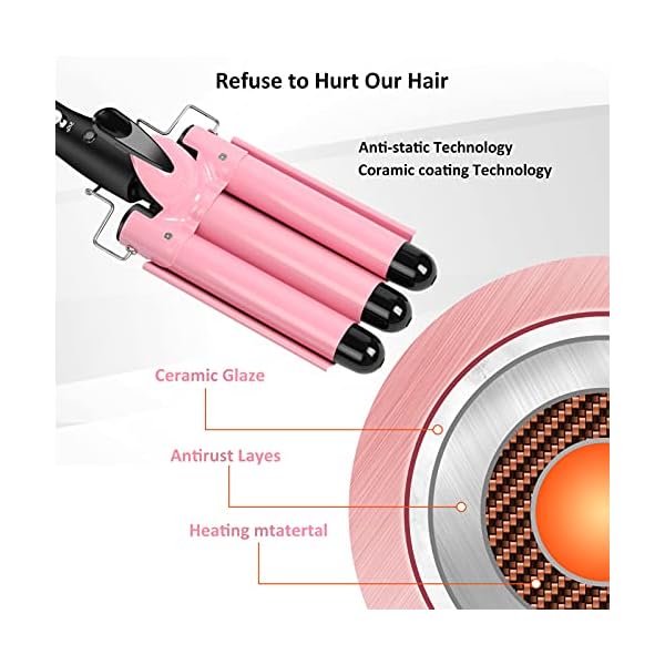 Hair-WaverHair-crimpersTongs-with-Heat-Resistant-Glove3-Barrels-Hair-Curling-26mm-Iron-Wand-for-Long-Hair-Hot-Pressing-Styling-Tool-for-Woman-Crimp-Hair-with-2-Temperature-Mode-Control-Pink Hair Waver,Hair crimpers/Tongs with Heat-Resistant Glove,3 Barrels Hair Curling 26mm Iron Wand for Long Hair, Hot…