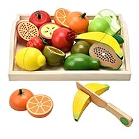 CARLORBO Wooden Toys for 2 Year Old - Pretend Play Food Set for Kids Play Kitchen,9 Cuttable Toy Fruit and Veg with Wooden Knif and Tray,Gift Idea for Boy Girl Birthday