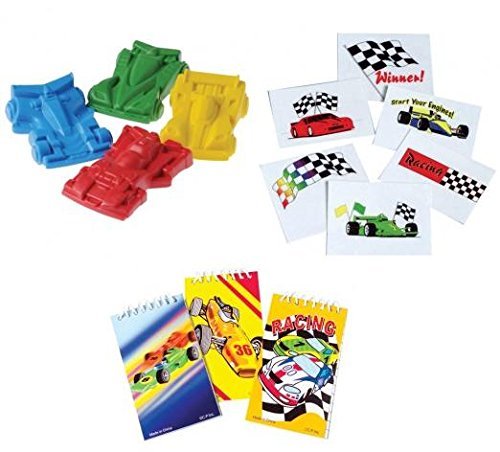 Race Car Theme Party Favor Set / 4 Crayon Race Cars / 12 Mini Notebooks / 144 Temporary Tattoos