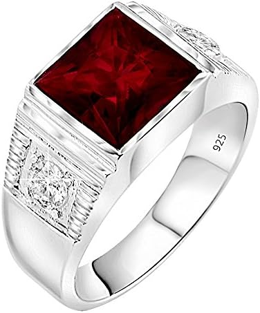 Men's Sterling Silver .925 Ring with Red Square Center Stone with two White Cubic Zirconia (CZ) stones, Platinum Plated.