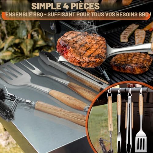 TIVOLI BBQ Utensils Set of 4 Premium Stainless Steel Barbecue Utensils with Safe Wooden Handles - Gifts of