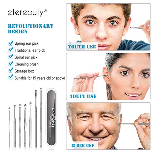 8 Pcs Ear Pick, Earwax Removal Kit ETEREAUTY Ear Cleansing Tool Set, Ear Curette Ear Wax Removal Kit with a Small Cleaning Brush and Storage Box, Sliver