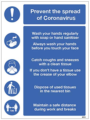 Prevent the spread of coronavirus sign - wash hands, use tissues, use bin, maintain 1M social distancing Semi Rigid PVC sign (400x600mm)
