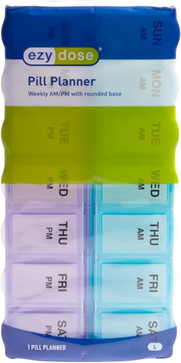 EZY DOSE Weekly (7-Day) AM/PMPill Case, Medicine Planner, Vitamin Organizer Box, Large Compartments, 2 Times a Day, Blue and Purple Lids, BPA Free EZY DOSE Weekly (7-Day) AM/PMPill Case, Medicine Planner, Vitamin Organizer Box, Large Compartments, 2 Times a Day, Blue and Purple Lids, BPA Free