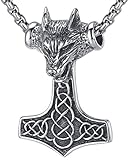 LineAve Men's Stainless Steel Large Wolf Viking Thor's Hammer Pendant Necklace, 23