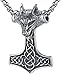 LineAve Men's Stainless Steel Large Wolf Viking Thor's Hammer Pendant Necklace, 23
