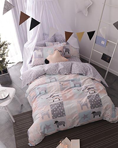 Papa&amp;Mima Stars Horses Cute Brief Cartoon Style Duvet Cover Set Flat Sheet Pillow Cases 500TC Soft Cotton Fabric 4Pcs Queen Size Bedding Sets