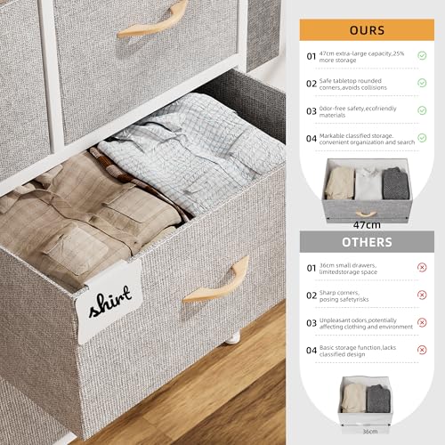 PURFINO Fabric Chest of Drawers - Fabric Chest of Drawers with 7 Large Drawers, Labels, Side Pocket and Hook for Living Room, Hallway, Bedroom (Light Grey)
