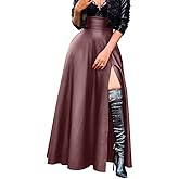 Lexiart Womens High Waisted Sexy Pu Leather Vintage High Split A-Line Swing Long Skirt with Pockets