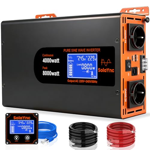 SolaYnc 4000W/8000W 24V 220V/230V Pure Sine Inverter DC AC Sine Wave Inverter, with LCD Display, Remote Control, 2 EU AC Sockets, Type-C 30W Interface and USB Port, for Cars, Boats, Trucks