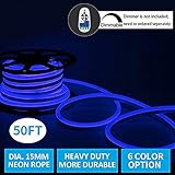 Shine Decor LED Neon Lights, 110V Dimmable Flexible Waterproof Rope Lights, 2835 120LEDs/M, for Indoor Outdoor Commercial Lighting Decoration, Accessories Included, 50ft Blue