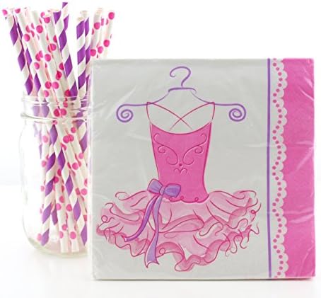 Ballerina Party Supplies Tableware Kit (Napkins & Straws) - Pink Princess Dance Birthday Partyware - 16 Ct Ballerina Tutu Paper Napkins & 25 Ct. Straws, Pretty Pink Ballerina Table Decorations