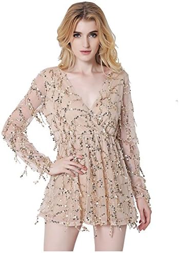 Whoishe Women Gorgeous Apricot Long Sleeves V-Neck Short Dress Mini Dress Romper with Bling Bling Gold Sequin