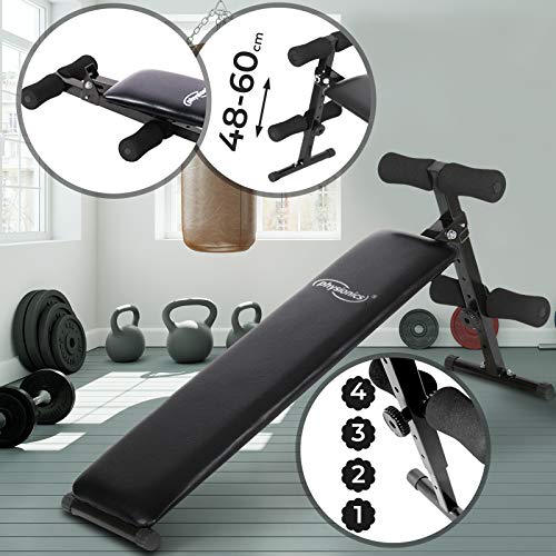Physionics Sit Up/AB Bench | Foldable, 4 Levels (48-60 cm) Height Adjustable, with Leg Fixation, in Black | Abdominal, Back, Workout Trainer