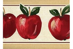 CONCORD WALLCOVERINGS ™ Wallpaper Border Fruits Pattern Apples Leaves for Kitchen Cottage Farmhouse, Cream Red Green, 15 ft by 5 in KT77929