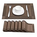 Prunend Heat-resistant Placemats Stain Resistant Anti-skid Washable PVC Table Mats Woven Vinyl Placemats, Set of 6 (brown)