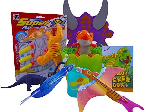 Ultimate Dinosaur Easter Basket Gift Includes Basket, Shred, Dart or Water Gun, Figurine, Plush, Gliders, Activity Book, Mask and Mug - Best Easter Gift for Boys - Great Stuffer