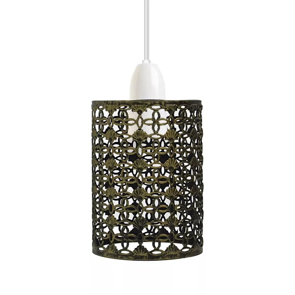 LEDSone Vintage Easy Fit Pendant Light Shade Metal Cage Drum Lampshade Ceiling Pendant Lamp (Brushed Brass Pattern 1)