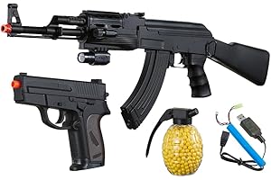 GoldenBall Airsoft Tactical Durable AK47 AEG with Spring Pistol Kit-Battery & Charger, Laser, Flashlight, 0.12g BBS Included