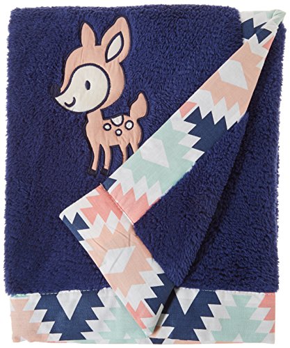 Bacati - Tribal/Aztec Plush Embroidered 30 x 40 inches Baby Blanket (Coral/Mint/Navy Deer)