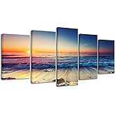 Pyradecor Ocean Seascape Canvas Prints Wall Art Sea Beach Pictures Paintings for Living Room Bedroom Home Decorations 5 Piece Modern Stretched Ready to Hang Landscape Artwork