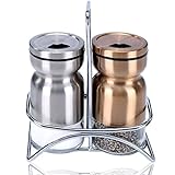 GONGSHI Salt and Pepper Shakers with Stand, Spice Shakers,Brushed Stainless Steel Encasing with Adjustable Pour Holes,Set of 2 (Silver and Gold)