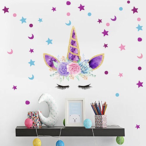 Easma Unicorn Wall Decals with Stars Moons and Dots Fairytale Decals Fits Girls Bedroom Decor -Pink& - //coolthings.us