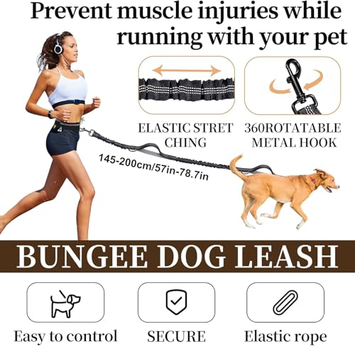 YOOJ® Waist Dog Hands Free Dogs Leash, Waist Running Leash with Zipper, Walking Pouch for Dog Walking, Reflective Dual Padded Handles Bungee Retractable Running for Medium to Large Dogs (Black)
