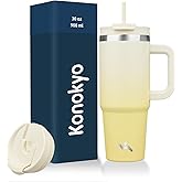 Konokyo 30 oz Tumbler with Handle and 2 Straws,2 in 1 Lid Insulated Water Bottle Stainless Steel Travel Coffee Mug,Lemon