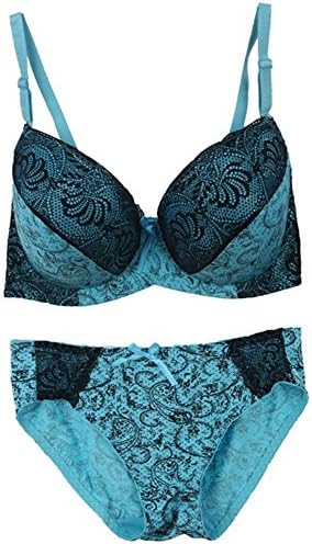 Quoxiao Women's Comfort Sexy Underwire Push Up Embroidered Lace Bra and Panty Set Blue 40DD