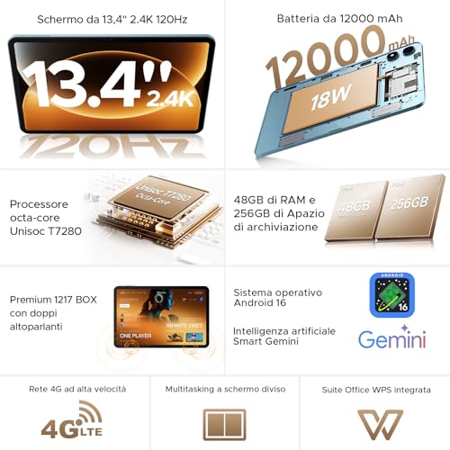 P13 Pro Tablet 13 Pollici, IPS 2.4K, 120Hz,T7280 Octa-Core, 48GB+256GB(TF 2TB), 12000mAh/18W, 16MP+8MP, 4G LTE, Gemini AI Tablet android 16, Face ID/WiFi5/GPS/FM/con Tablets Tastiera e Penna, Blu