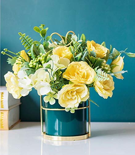 4 Bouquets Mini Artificial Peonies Flowers Silk Hydrangea with Fern Leaves Fake Plants for Table Centerpiece Flower Arrangements Wedding Decor (Yellow)