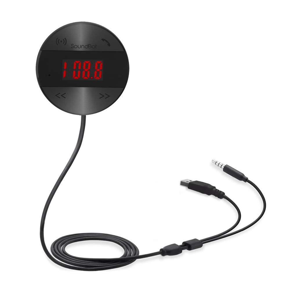 Soundbot SB361 FM Radio Wireless Car Kit Universal Receiver Transmitter Accessory Full Spectrum HD Music Streaming Hands Free Talking LED Display Voice Command Built-in Mic USB ChargerSB361-BLK/BLK