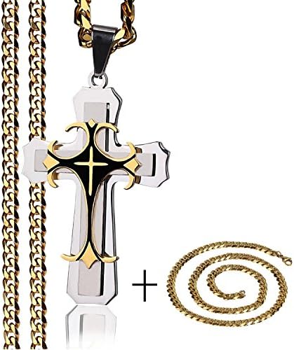 Violet Jewelry 24 inch Length Stainless Steel Cross Necklace Byzantine Prayer Pendant with 8 mm Width Golden Chain for Men
