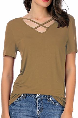 Carterstory Women Summer Tops Cross Front Deep V-Neck Short Sleeve Tees Top Coffe S (001)